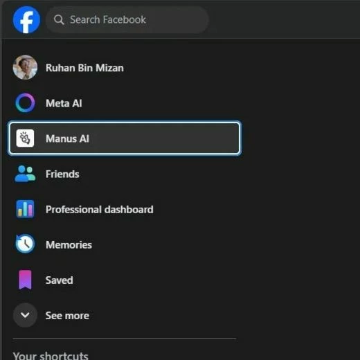 Manus в меню Facebook*