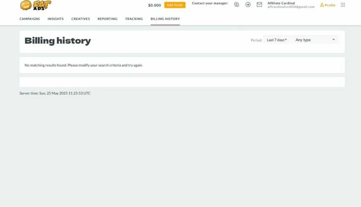 Раздел Billing History на FatAds