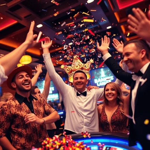 casino players celebrating a big win, confetti in the air, casino lights flashing.