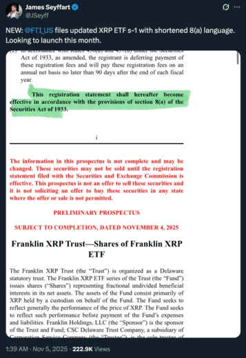 Публикация Джеймса Сейффарта о XRP ETF в сети Х