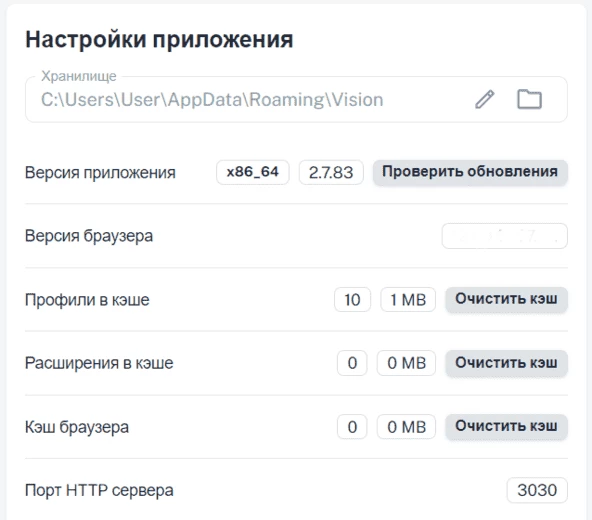 Блок «Настройки приложения» в разделе «настройки» в десктоп-приложении антидетект-браузера Vision
