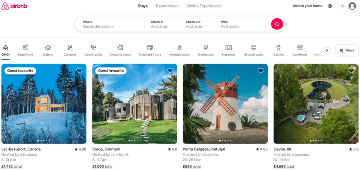 Airbnb home page