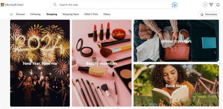Banners with shopping recommendations on Bing