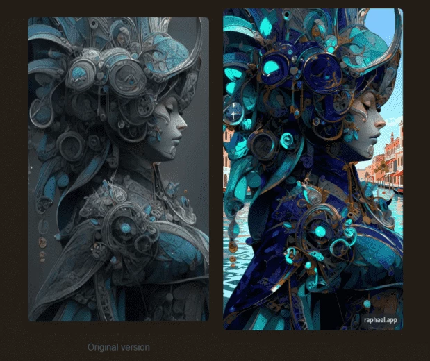 Пример генерации за кредиты в Raphael. Слева — Midjourney справа — Raphael
