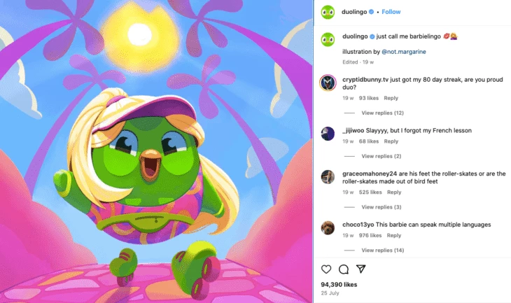 Duolingo post dedicated to “Barbie” movie premiere