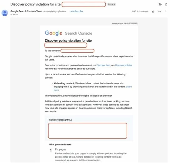 Google может уведомить о нарушениях в контенте