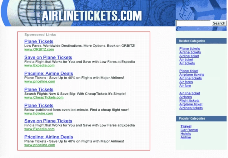 Example of a search feed page in the early 2000s (before Google). Source: Nativehub