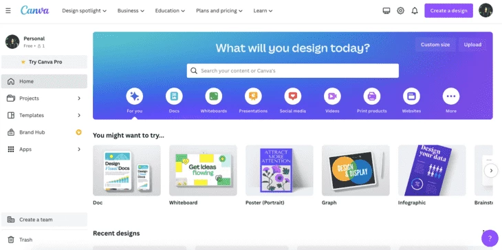 Canva home page