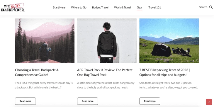 Resource page for gear in a travel blog