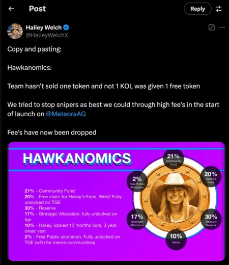 Пост Хели Уэлч, отрицающий умышленный скам токенов $HAWK