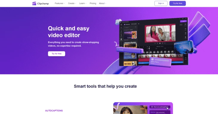Главная страница сервиса Clipchamp