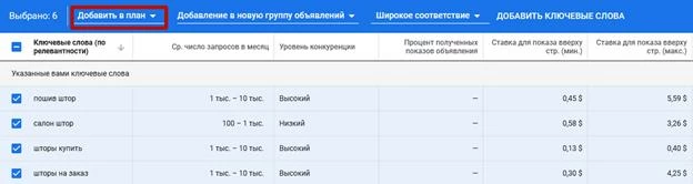 Внесение слов в план в Гугл кейвордс планер