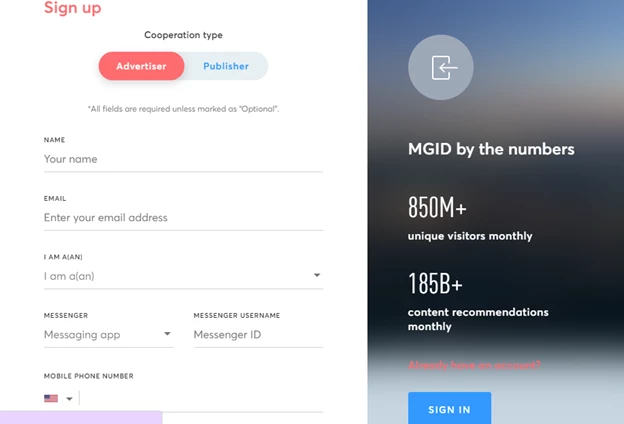 Классическое окно регистрации рекламной сети MGID