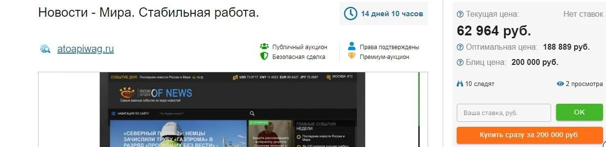 Лот с продажей новостного сайта на бирже Telderi