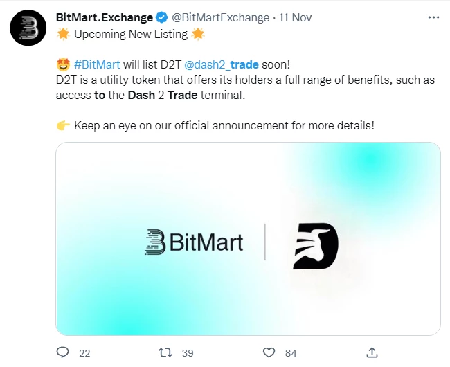 Твит биржи BitMart о листинге токена D2T