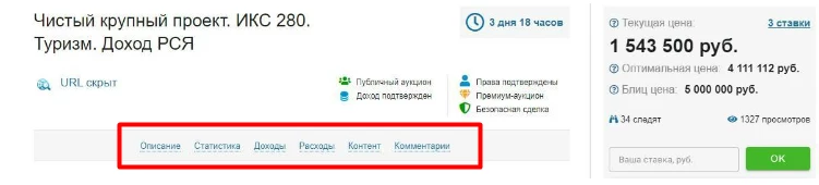 Дополнительные опции для изучения лота на бирже Telderi