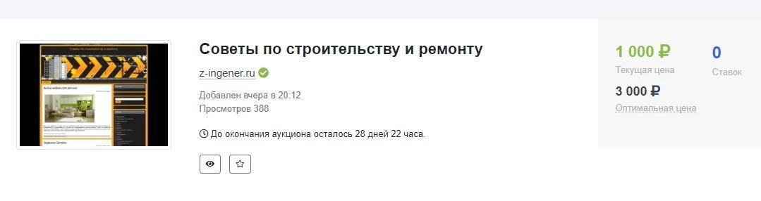 Пример лота на аукционе по продаже сайтов средней ценовой категории