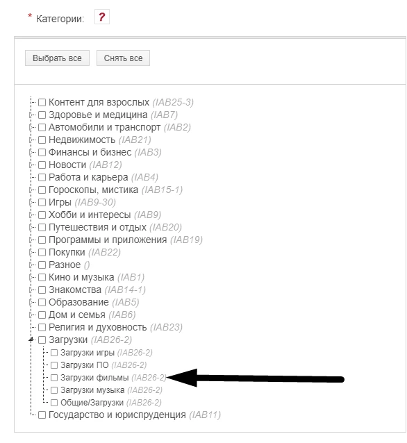 Категории рекламных площадок