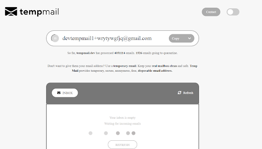 Главная страница сервиса Tempmail для создания временного gmail адреса