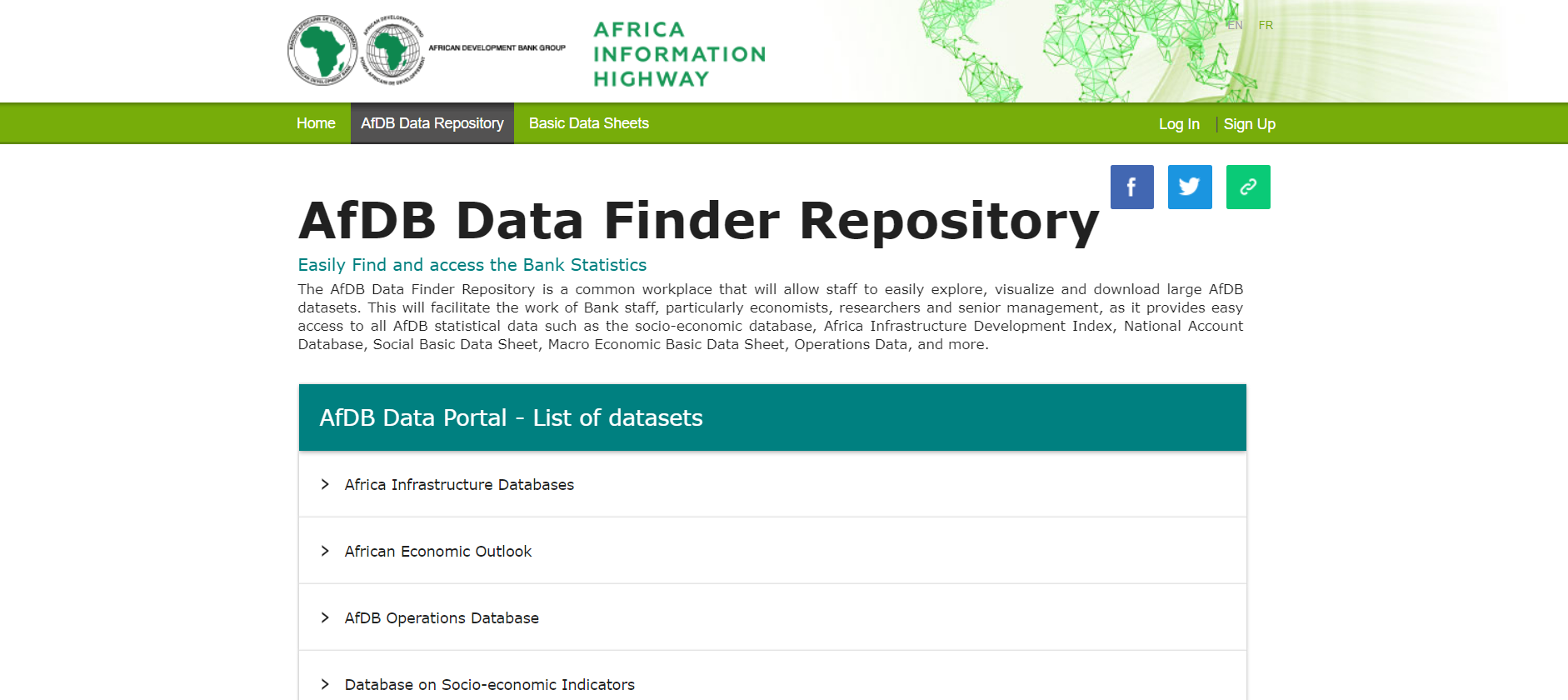 Главная страница AfDb Data Finder Repository