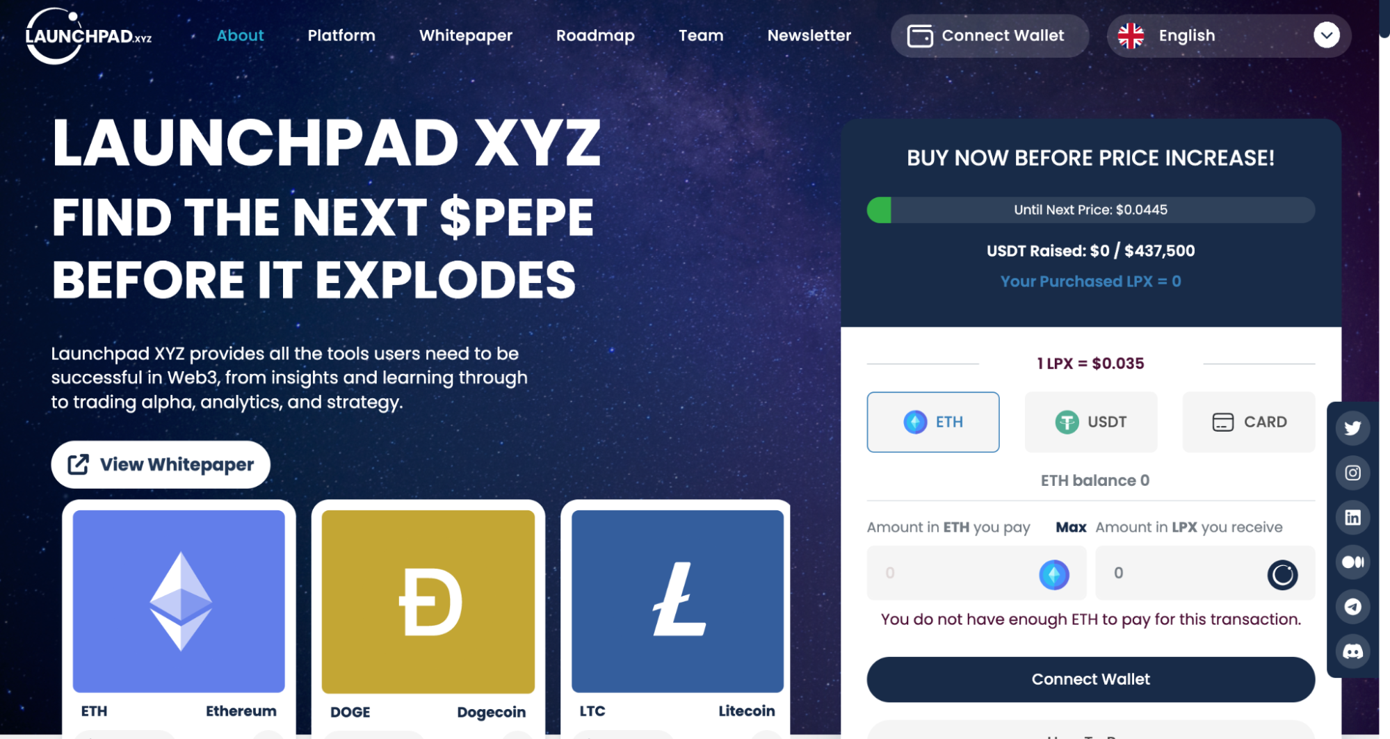 Страница проекта Launchpad XYZ с предпродажей токена $LPX