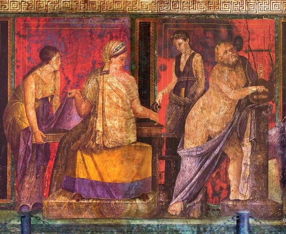 Поэт (справа). Фрагмент росписи Виллы Мистерий в Помпеях. I в. до РХ
