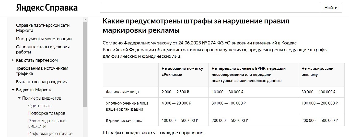 Штрафы за отсутствие маркировки рекламы в Яндексе